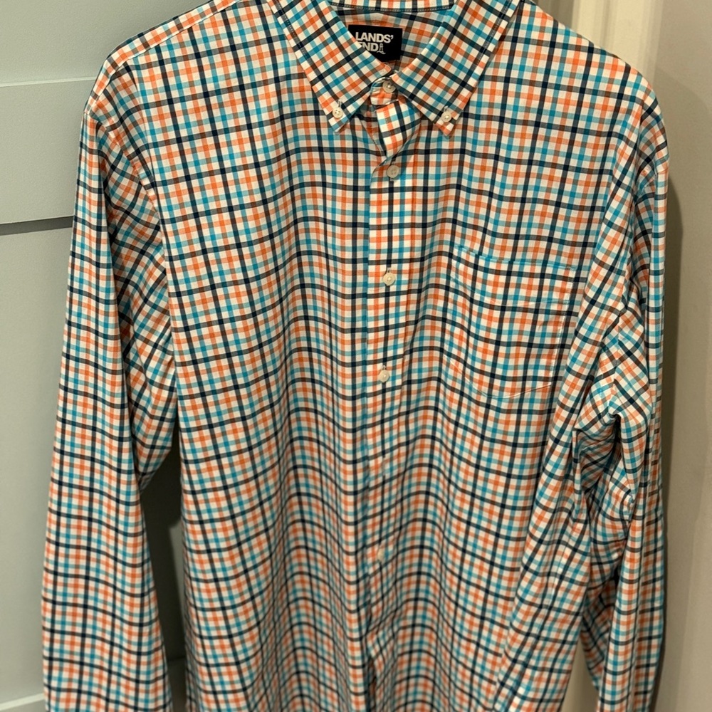 Lands' End Men's Blue and Orange Plaid Shirt